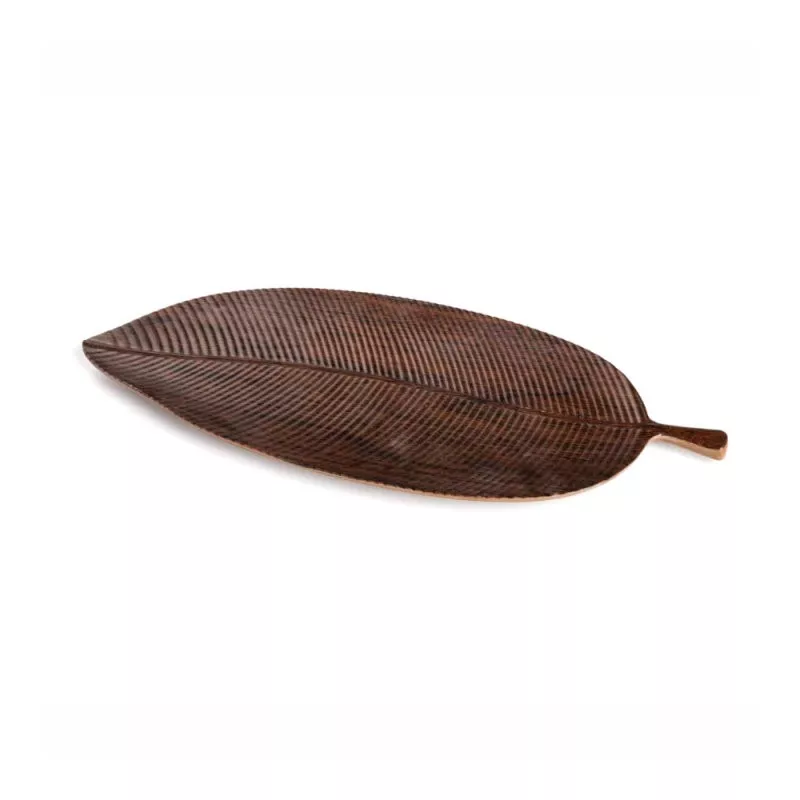 PLATO NATURAL HOJA 37X15 P22325 de cerámica marrón con diseño de hoja y acabado pulido, ideal para presentar alimentos.