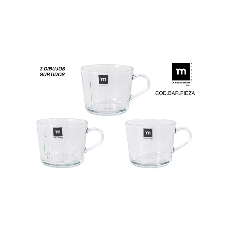 Taza de vidrio transparente con asas y diseño moderno, set de 3 modelos surtidos.