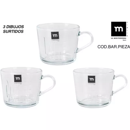 Taza de vidrio transparente con asas y diseño moderno, set de 3 modelos surtidos.