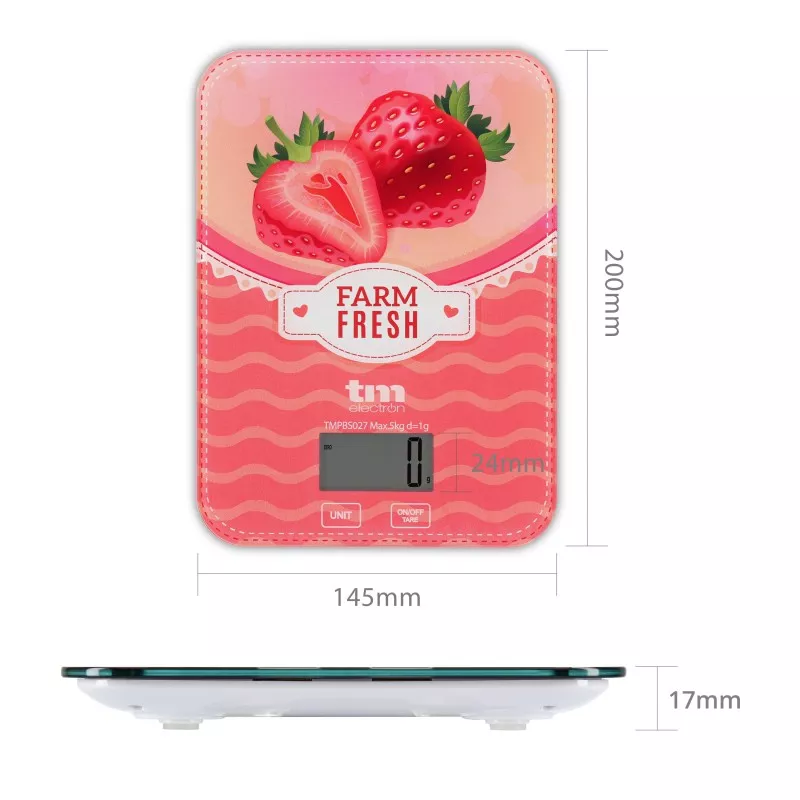 BASCULA COCINA TM TMPBS027 FRESA digital con diseño colorido de fresas, superficie de vidrio y elegante acabado.