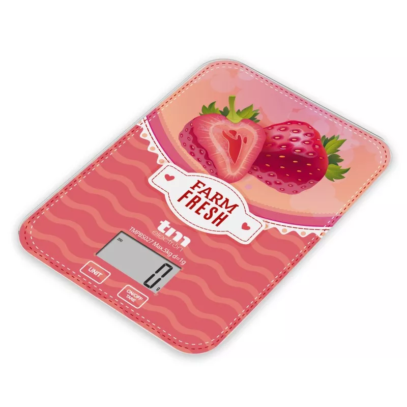 BASCULA COCINA TM TMPBS027 FRESA diseño color fresa con pantalla digital y base anti-deslizante para fácil uso