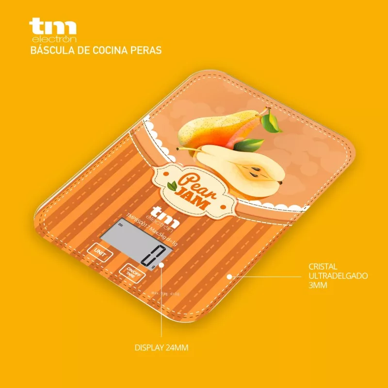 BASCULA COCINA TM TMPBS028 PERA JAM diseño en colores naranja y blanco con cristal ultradelgado y display digital.