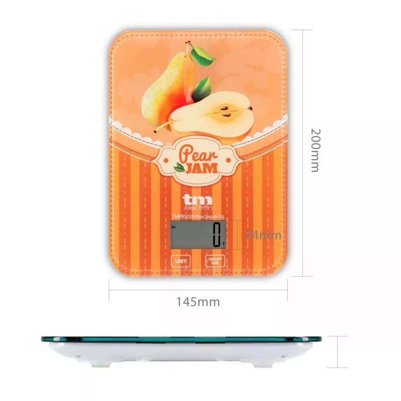 BASCULA COCINA TM TMPBS028 PERA JAM digital de vidrio en color naranja con diseño de pera y pantalla LCD.