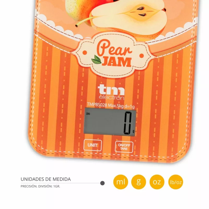 BASCULA COCINA TM TMPBS028 PERA JAM digital de color naranja con diseño de peras y pantalla LCD clara