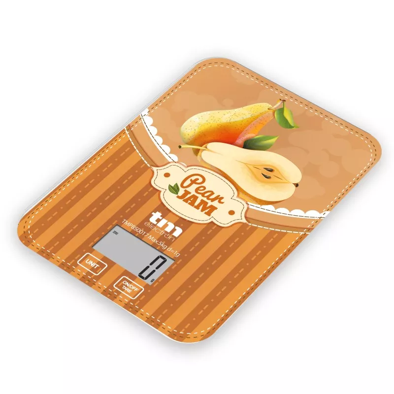 BASCULA COCINA TM TMPBS028 PERA JAM digital de vidrio con diseño de peras y acabado en tonos cálidos