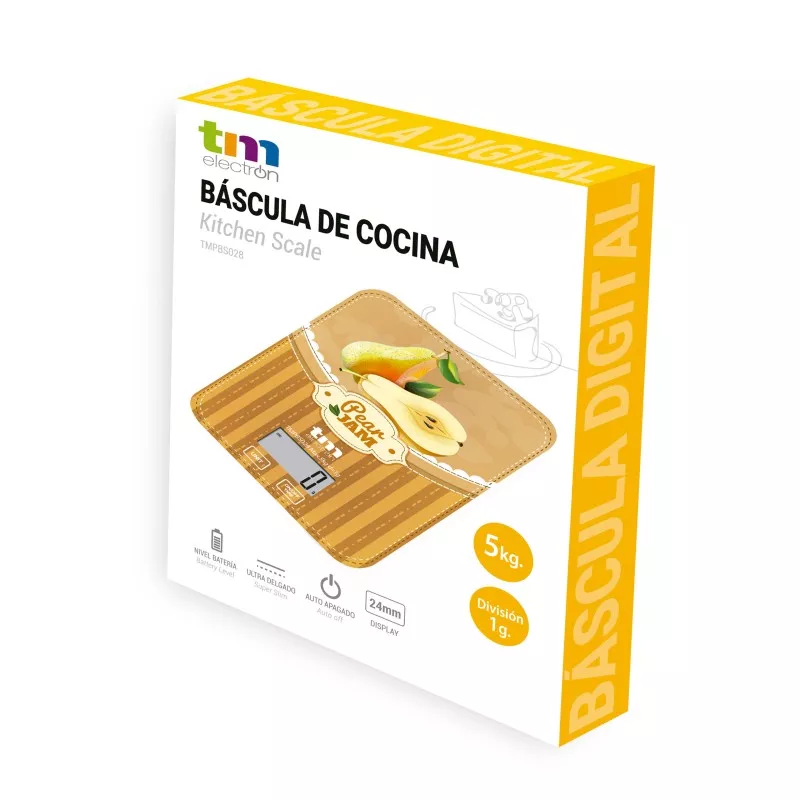 BASCULA COCINA TM TMPBS028 PERA JAM con diseño de madera, pantalla digital y capacidad de hasta 5 kg.