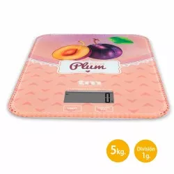 BASCULA COCINA TM TMPBS029 ECO PLUM color rosa con diseño de ciruelas, capacidad de 5 kg y división de 1 g.
