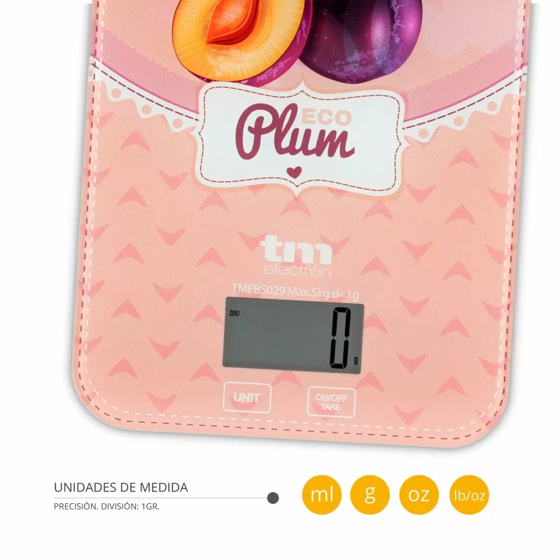 BASCULA COCINA TM TMPBS029 ECO PLUM digital de color rosa con pantalla LCD y diseño moderno para medir ingredientes