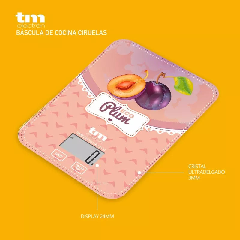 BASCULA COCINA TM TMPBS029 ECO PLUM con diseño fresco, superficie de cristal y pantalla digital para precisión.