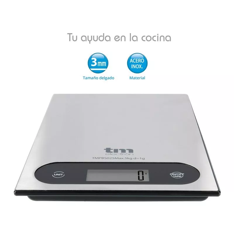 BASCULA COCINA TM TMPBS025 INOX en acero inoxidable con diseño elegante y pantalla digital fácil de leer.