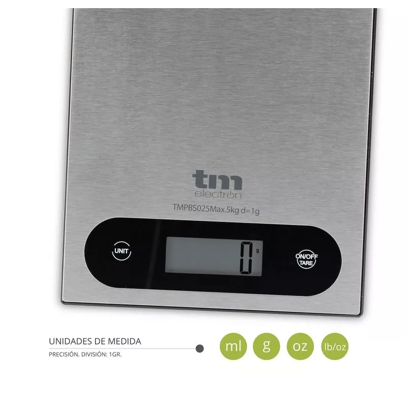 BASCULA COCINA TM TMPBS025 INOX de acero inoxidable con pantalla digital y medidas en gramos y onzas