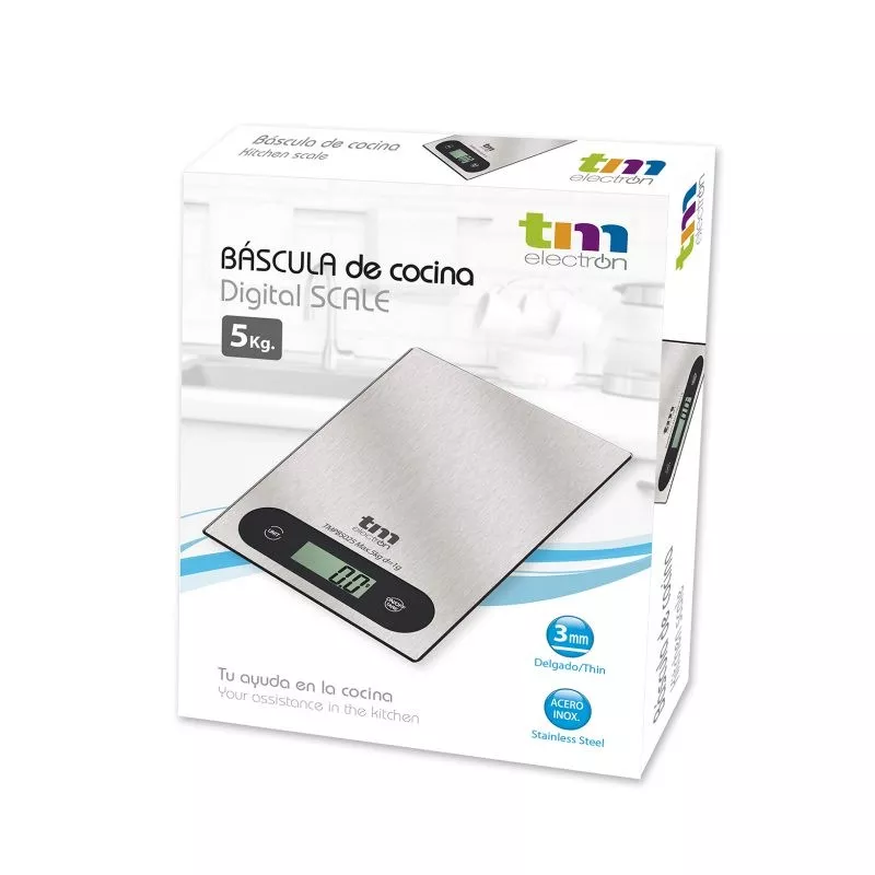 BASCULA COCINA TM TMPBS025 INOX de acero inoxidable, diseño moderno, pantalla digital y capacidad de 5 kg