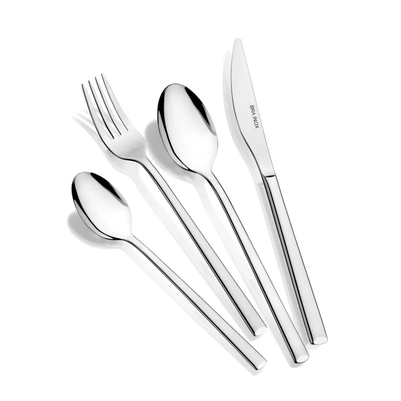 CUBERTERIA BRA VERONA 24P de acero inoxidable pulido, diseño moderno y elegante, incluye cuchillos, tenedores y cucharas.