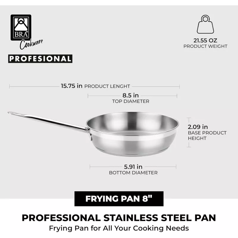 Sartén BRA Profesional 26 cm acero inoxidable inducción con diseño pulido y mango ergonómico para un agarre óptimo