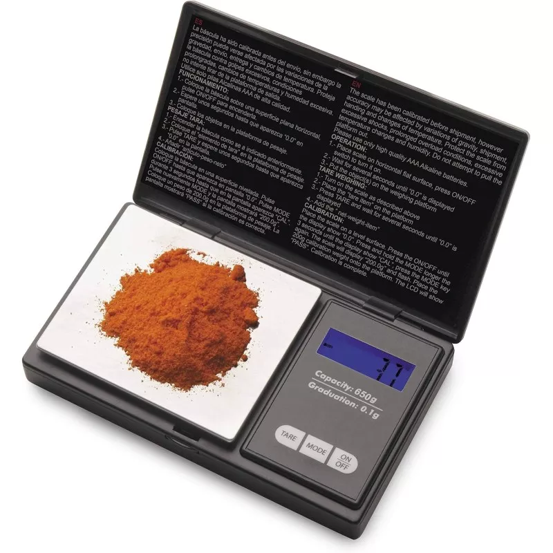 BASCULA PRECISION DIGITAL LACOR 650 GR. 61709 compacta y elegante de color negro con pantalla LCD y tapa protectora.
