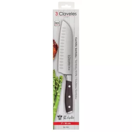 Cuchillo Toledo Santoku 18 cm 01536 de acero inoxidable con mango de madera marrón y diseño ergonómico.