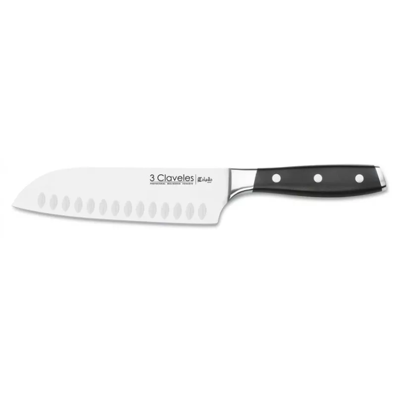 Cuchillo Toledo Santoku 18 cm 01536 de acero inoxidable con mango negro y diseño ergonómico para un corte preciso.