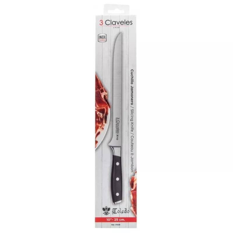 Cuchillo Toledo jamonero 25 cm 01538 de acero inoxidable con mango negro y diseño ergonómico.