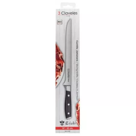 Cuchillo Toledo jamonero 25 cm 01538 de acero inoxidable con mango negro y diseño ergonómico.