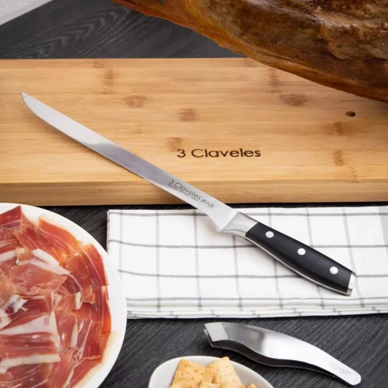 Cuchillo Toledo jamonero 25 cm 01538 de acero inoxidable con mango negro y diseño ergonómico para cortar jamón.