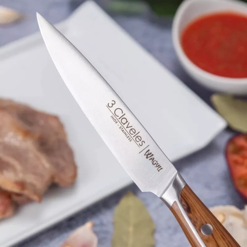 Cuchillo chuletero Wagyu Set-4 01048 de acero inoxidable con mango de madera y diseño ergonómico.