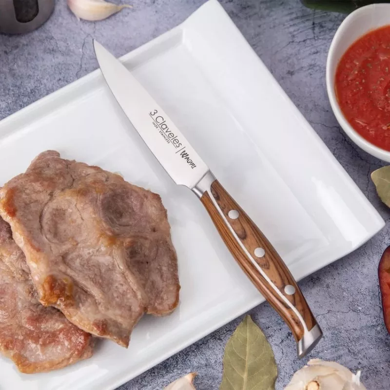 Cuchillo chuletero Wagyu Set-4 01048 de acero inoxidable con mango de madera y acabado pulido.