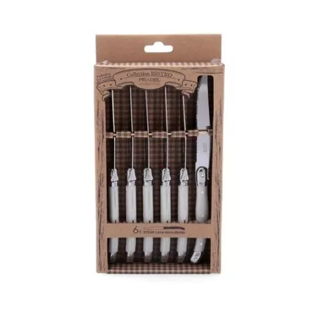 JUEGO CUCHILLO STEAK RUSTIC BCO LOU 6 P con mango blanco, acero inoxidable y diseño rústico para servir carne.