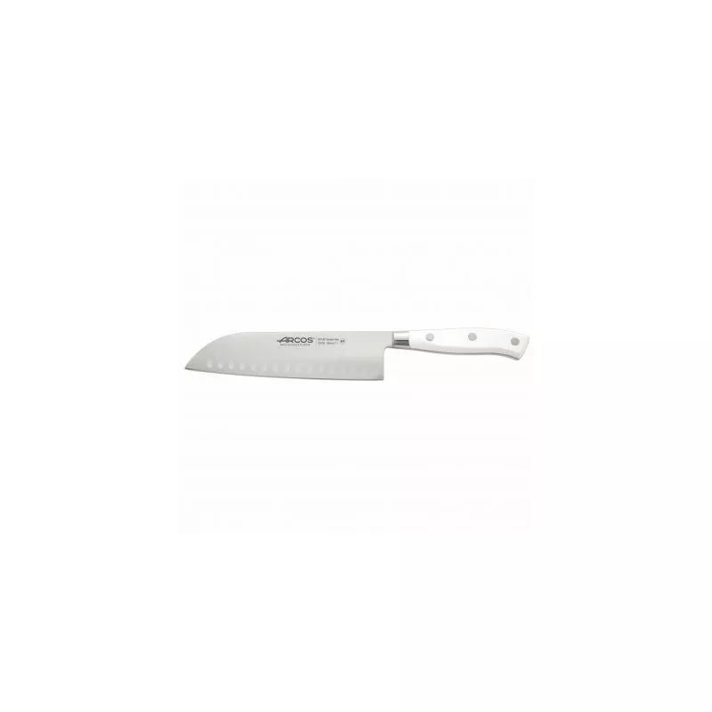 CUCHILLO RFª 233524/544 ARCOS SANTOKU de acero inoxidable con mango blanco ergonómico y diseño de borde diente.