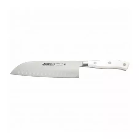 CUCHILLO RFª 233524/544 ARCOS SANTOKU de acero inoxidable con mango blanco ergonómico y diseño de borde diente.