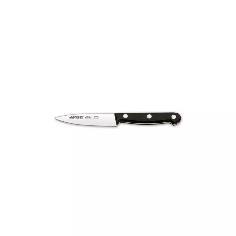Cuchillo RFª 280204 ARCOS de acero inoxidable con mango negro ergonómico y diseño elegante.