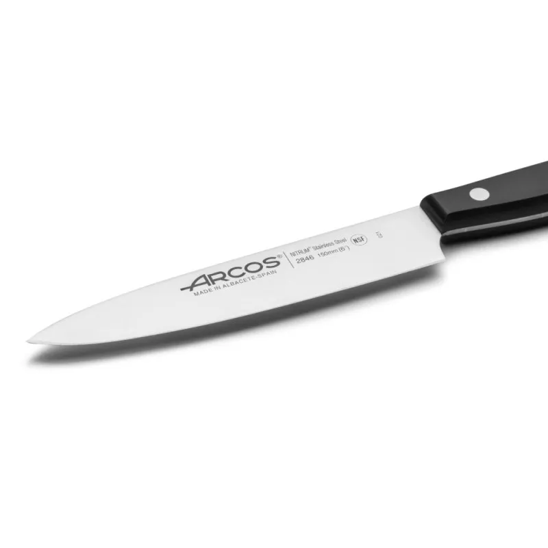 Cuchillo RFª 284604 ARCOS de acero inoxidable con mango negro y diseño ergonómico ideal para cocina.
