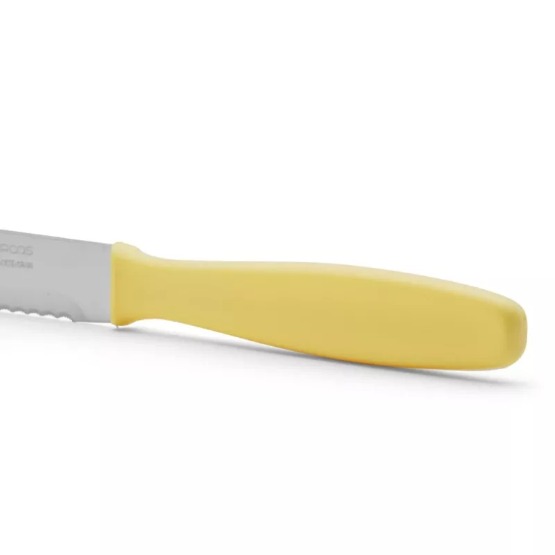 CUCHILLO RFª 370200 ARCOS M/NAC con hoja de acero inoxidable, mango amarillo ergonómico y diseño serrado ideal para pan.