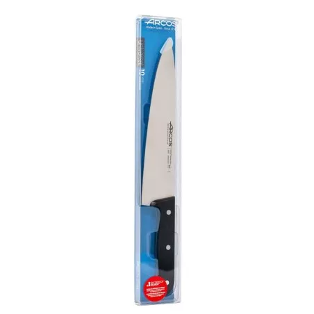 Cuchillo RFª 280704 ARCOS de acero inoxidable con mango negro ergonómico y diseño profesional para cocina.