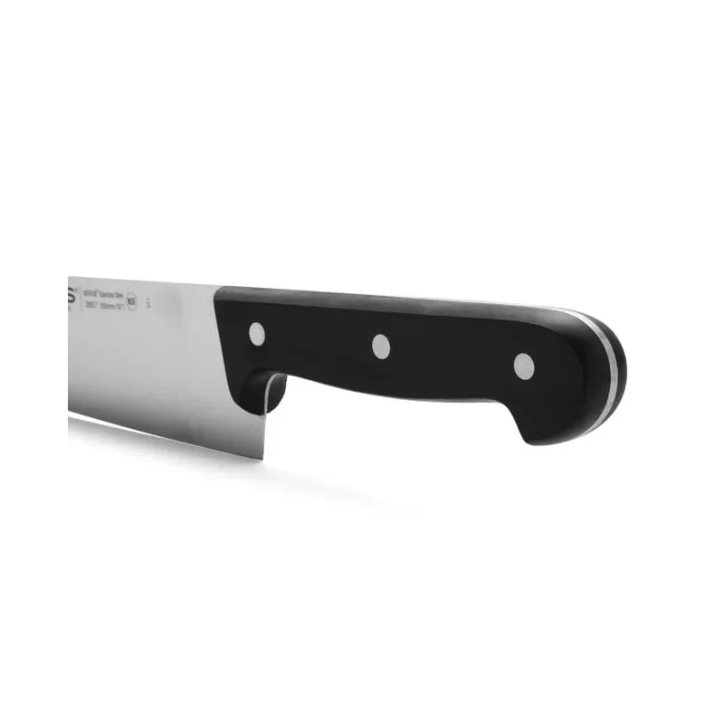 Cuchillo RFª 280704 ARCOS de acero inoxidable con mango negro ergonómico y diseño profesional.