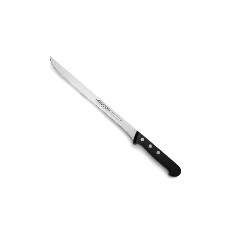 Cuchillo RFª 281804 ARCOS JAMONERO de acero inoxidable con mango negro antideslizante y diseño ergonómico.