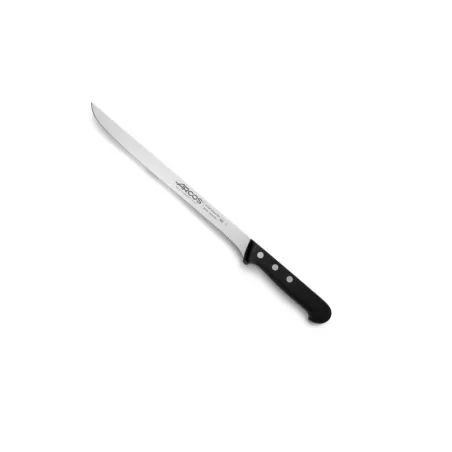 Cuchillo RFª 281804 ARCOS JAMONERO de acero inoxidable con mango negro antideslizante y diseño ergonómico.