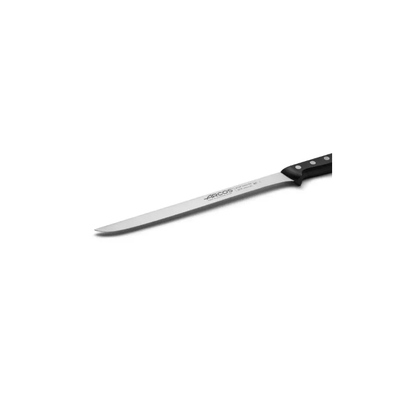 Cuchillo RFª 281804 ARCOS JAMONERO de acero inoxidable con mango negro, ideal para cortar jamón.