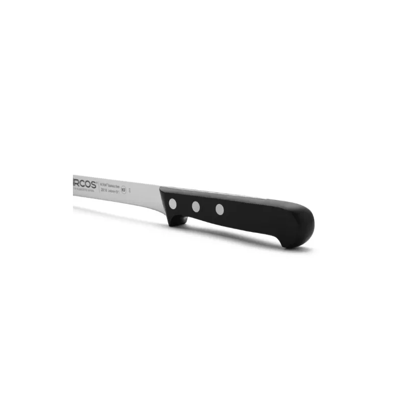 Cuchillo RFª 281804 Arcós jamonero de acero inoxidable con mango negro y diseño ergonómico.