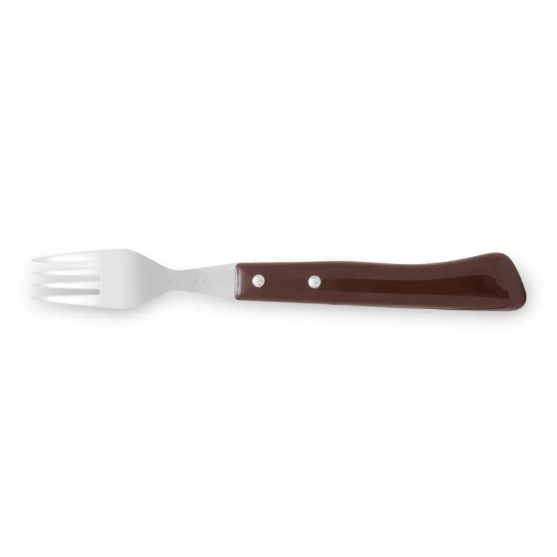 Tenedores 804100 Arcoss de acero inoxidable con mango marrón ergonómico y diseño clásico.