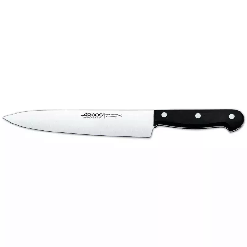 Cuchillo RFª 284804 ARCOS de acero inoxidable con mango negro y diseño ergonómico para un agarre cómodo.