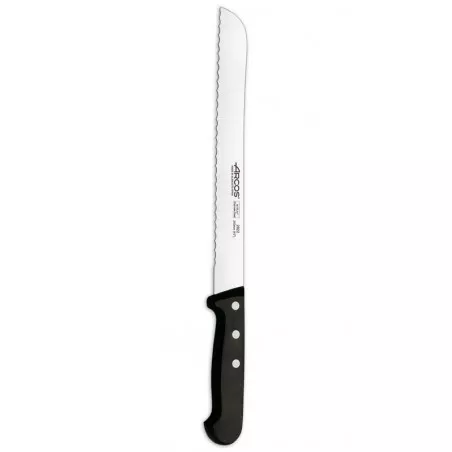 Cuchillo RFª 282204 ARCOS de acero inoxidable con serrado, mango ergonómico negro y diseño elegante.