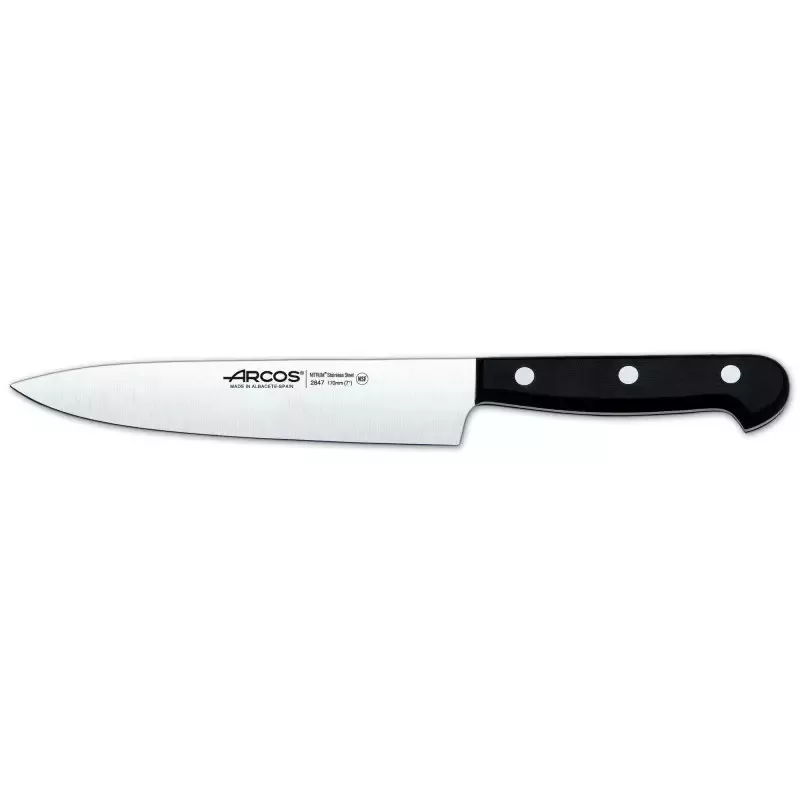 Cuchillo RFª 284704 ARCOS de acero inoxidable con mango negro ergonómico y diseño profesional de chef.