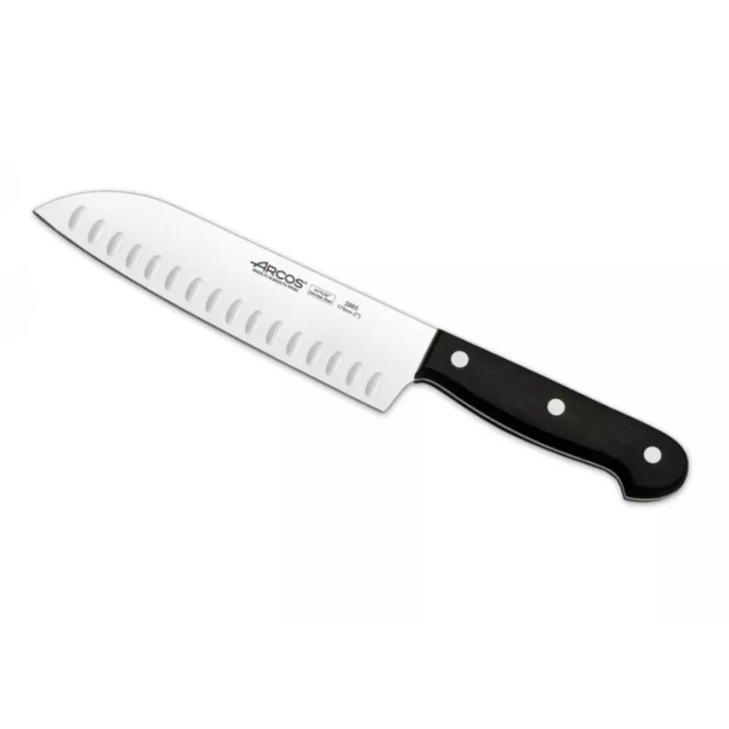 CUCHILLO RFª 286004 ARCOS de acero inoxidable con mango negro, diseño elegante y hoja dentada ideal para cocina.
