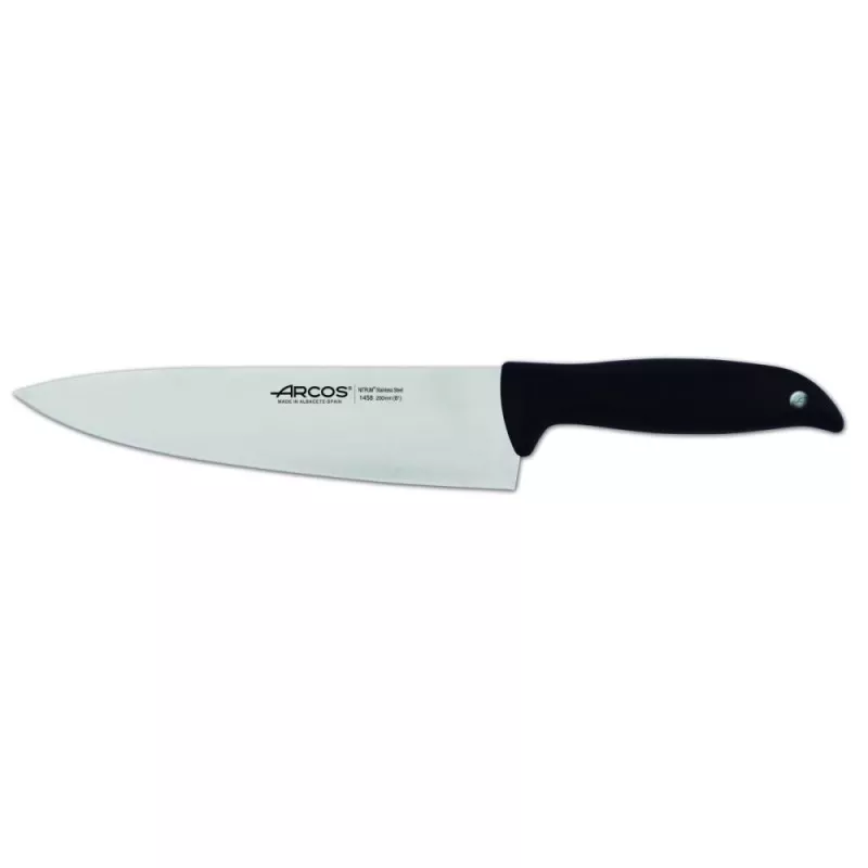 Cuchillo RFª 145800 ARCOS de acero inoxidable con mango antideslizante negro y diseño ergonómico.