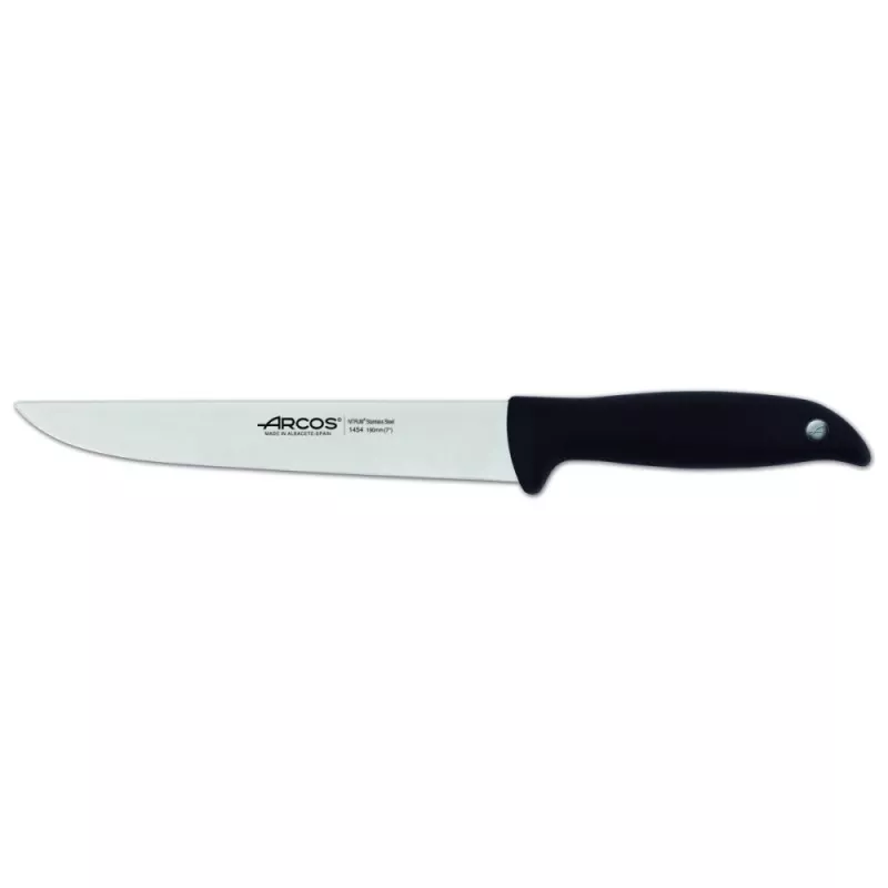 Cuchillo RFª 145400 ARCOS de acero inoxidable con mango negro ergonómico y diseño de hoja larga.
