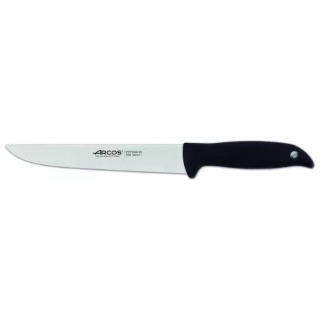 Cuchillo RFª 145400 ARCOS de acero inoxidable con mango negro ergonómico y diseño de hoja larga.