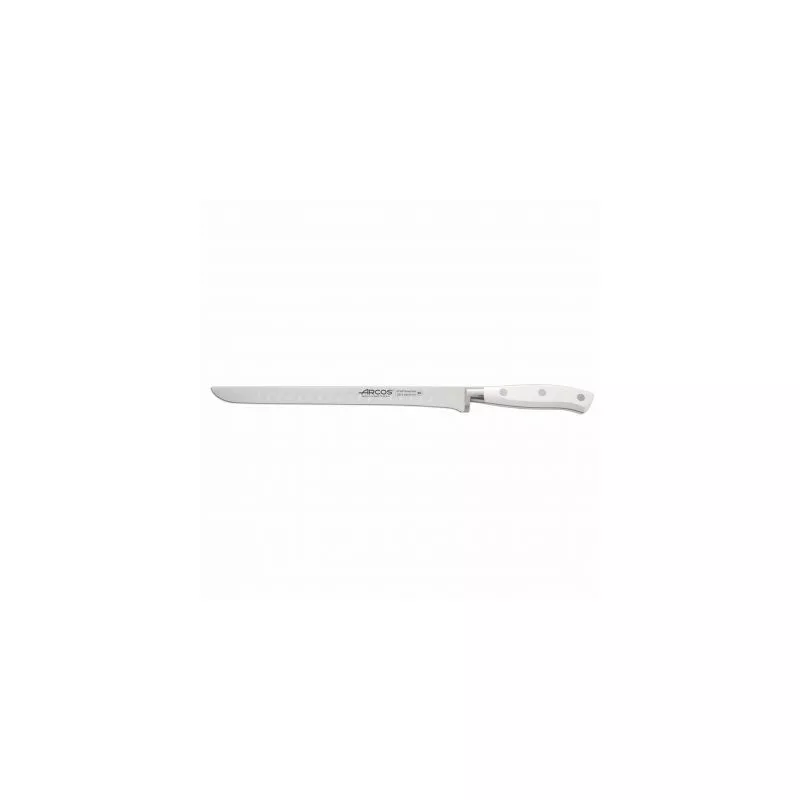 CUCHILLO RFª 231024 ARCOS JAMONERO acero inoxidable con mango blanco y acabado satinado, ideal para cortar jamón.