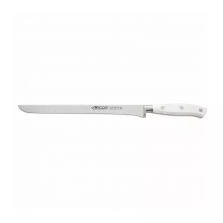CUCHILLO RFª 231024 ARCOS JAMONERO acero inoxidable con mango blanco y acabado satinado, ideal para cortar jamón.