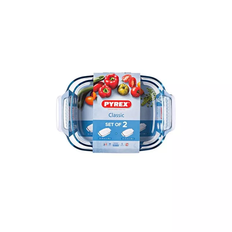 JUEGO FUENTES 39CM.+34CM. PYREX CLASSIC 4937622 de vidrio templado en color transparente, apto para horno y lavavajillas.