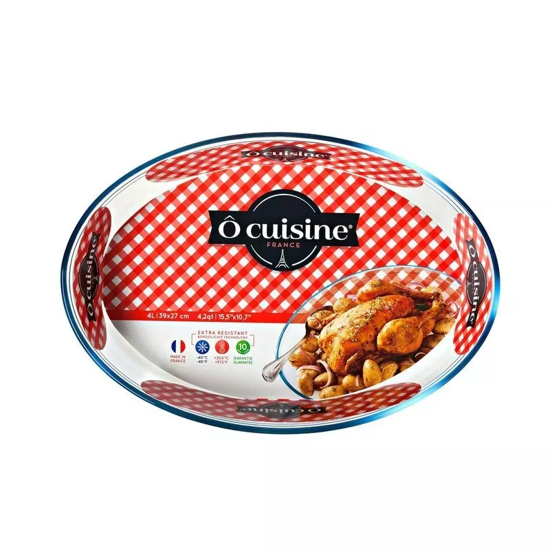 Fuente oval 39*27 Arcuisine 347BA00 de cerámica con diseño a cuadros rojos y azules, ideal para servir.